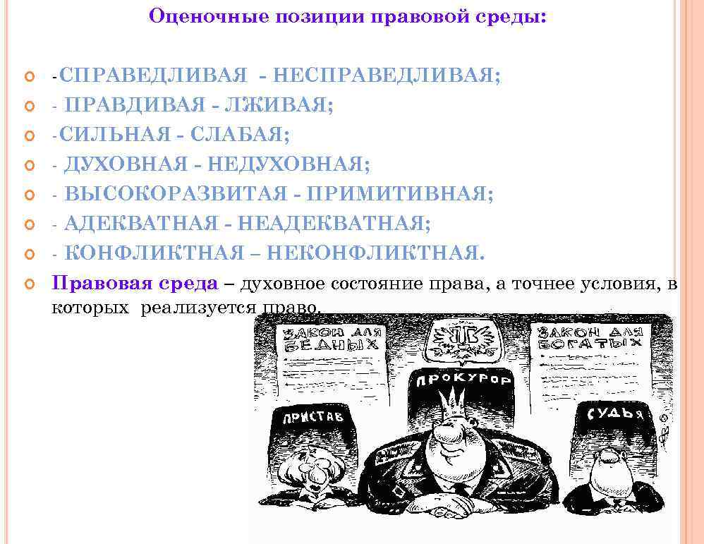 Оценочные позиции правовой среды: -СПРАВЕДЛИВАЯ - НЕСПРАВЕДЛИВАЯ; - ПРАВДИВАЯ - ЛЖИВАЯ; -СИЛЬНАЯ - СЛАБАЯ;