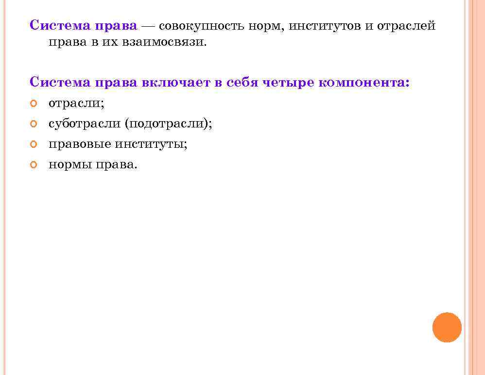 Система права — совокупность норм, институтов и отраслей права в их взаимосвязи. Система права