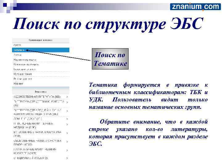 Поиск по структуре ЭБС Поиск по Тематике Тематика формируется в привязке к библиотечным классификаторам: