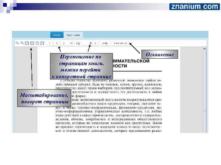 Перемещение по страницам книги. можно перейти к конкретной странице Масштабирование, поворот страницы Оглавление 