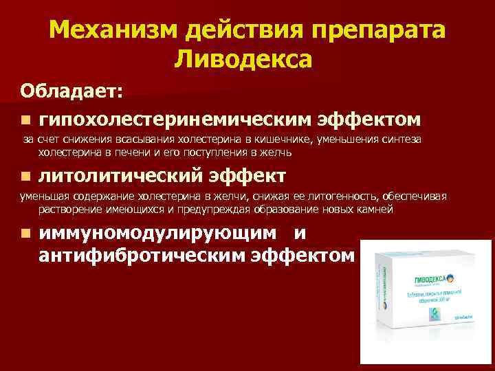 Механизм действия препарата Ливодекса Обладает: n гипохолестеринемическим эффектом за счет снижения всасывания холестерина в