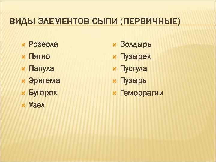 ВИДЫ ЭЛЕМЕНТОВ СЫПИ (ПЕРВИЧНЫЕ) Розеола Пятно Папула Эритема Бугорок Узел Волдырь Пузырек Пустула Пузырь