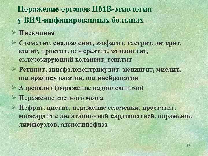 Поражение органов ЦМВ-этиологии у ВИЧ-инфицированных больных Ø Пневмония Ø Стоматит, сиалоаденит, эзофагит, гастрит, энтерит,