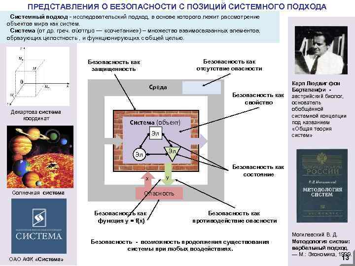 ПРЕДСТАВЛЕНИЯ О БЕЗОПАСНОСТИ С ПОЗИЦИЙ СИСТЕМНОГО ПОДХОДА Системный подход - исследовательский подход, в основе