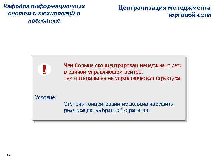 Кафедра информационных систем и технологий в логистике ! Условие: 15 Централизация менеджмента торговой сети