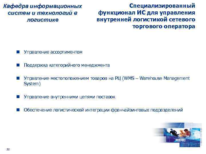 Кафедра информационных систем и технологий в логистике Специализированный функционал ИС для управления внутренней логистикой