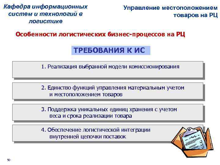 Кафедра информационных систем и технологий в логистике Управление местоположением товаров на РЦ Особенности логистических