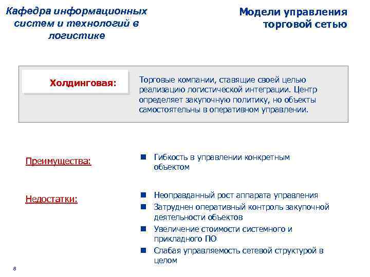 Кафедра информационных систем и технологий в логистике Модели управления торговой сетью Холдинговая: Торговые компании,