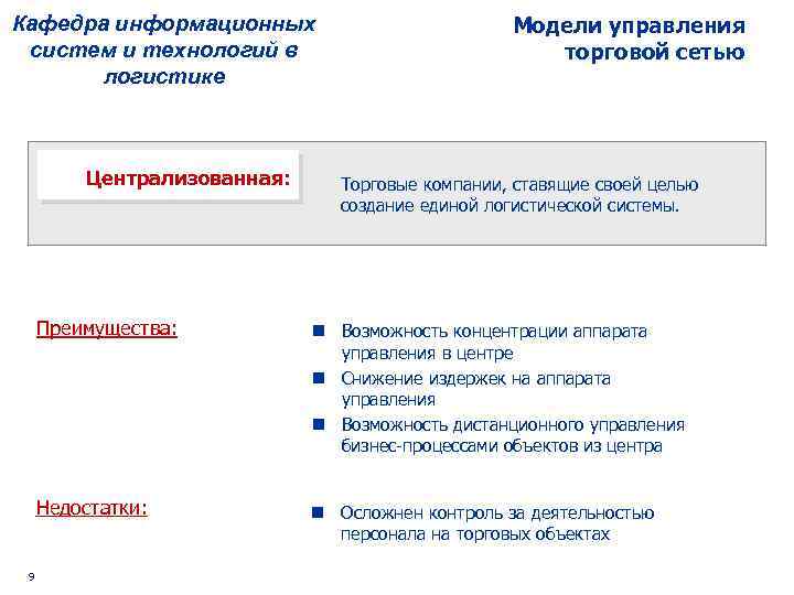 Модели управления торговой сетью Кафедра информационных систем и технологий в логистике Централизованная: Торговые компании,