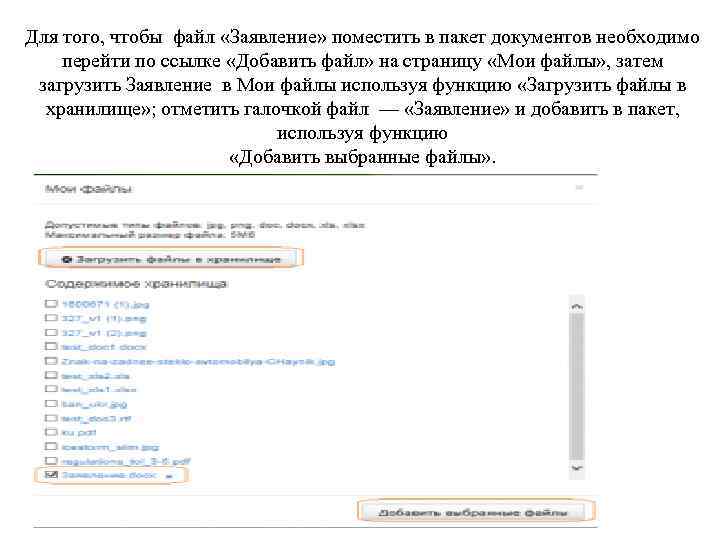 Для того, чтобы файл «Заявление» поместить в пакет документов необходимо перейти по ссылке «Добавить