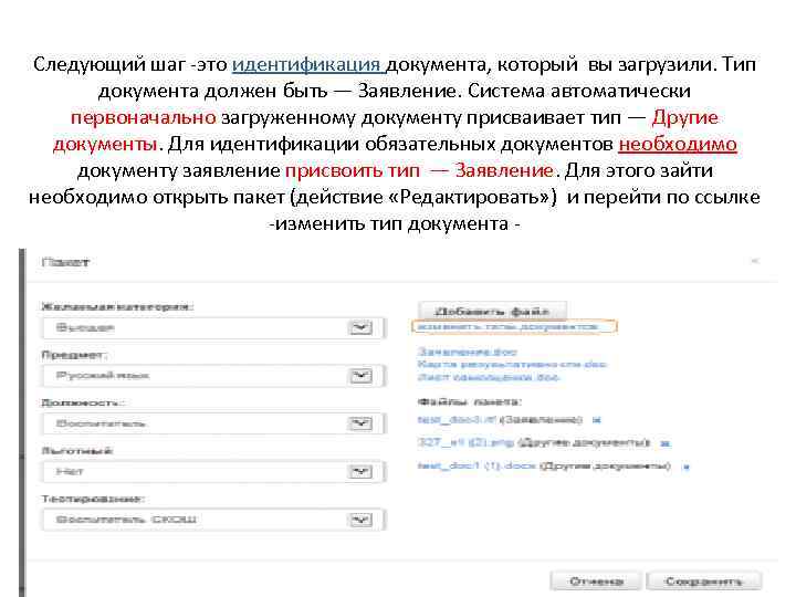 Следующий шаг -это идентификация документа, который вы загрузили. Тип документа должен быть — Заявление.