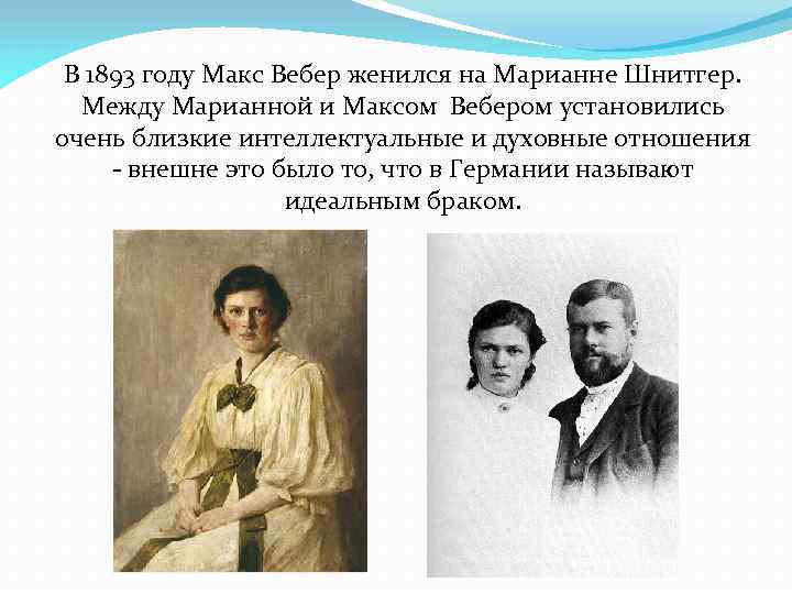 В 1893 году Макс Вебер женился на Марианне Шнитгер. Между Марианной и Максом Вебером