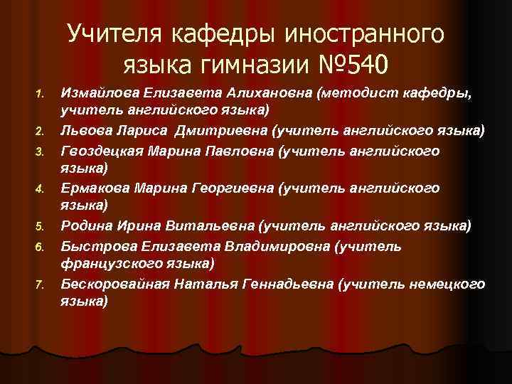 Учителя кафедры иностранного языка гимназии № 540 1. 2. 3. 4. 5. 6. 7.