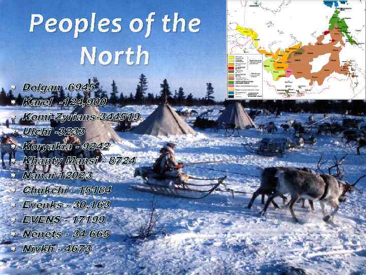 Peoples of the North Dolgan -6945 Karel -124, 900 Komi-Zyrians-344519 Ulchi -3233 Koryakia -