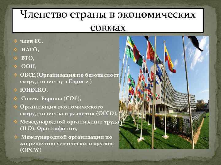 Членство страны в экономических союзах v член ЕС, v НАТО, v ВТО, v ООН,