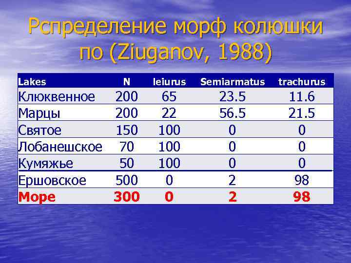 Рспределение морф колюшки по (Ziuganov, 1988) Lakes Клюквенное Марцы Святое Лобанешское Кумяжье Ершовское Море