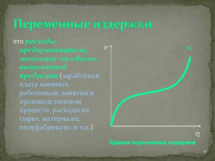 Переменные издержки это расходы предпринимателя, зависящие от объема выпускаемой продукции (заработная плата наемных работников,