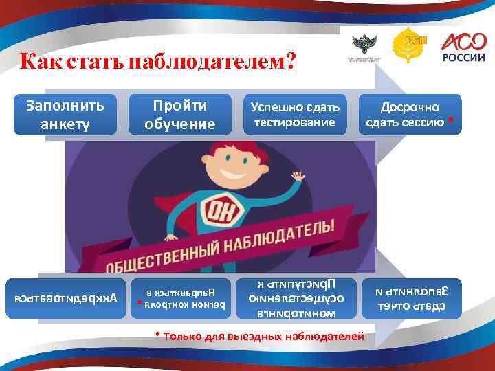 Как стать наблюдателем? Заполнить анкету Пройти обучение Успешно сдать тестирование Досрочно сдать сессию *