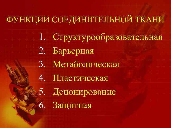 ФУНКЦИИ СОЕДИНИТЕЛЬНОЙ ТКАНИ 1. 2. 3. 4. 5. 6. Структурообразовательная Барьерная Метаболическая Пластическая Депонирование