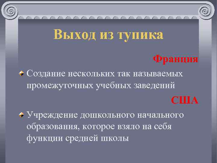 Выход из тупика Франция Создание нескольких так называемых промежуточных учебных заведений США Учреждение дошкольного