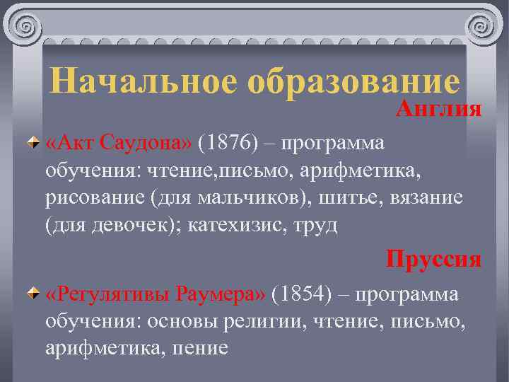 Начальное образование Англия «Акт Саудона» (1876) – программа обучения: чтение, письмо, арифметика, рисование (для