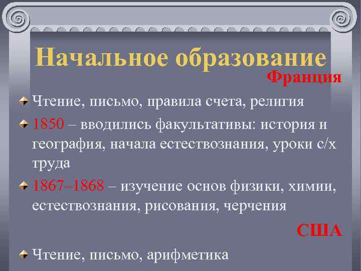 Начальное образование Франция Чтение, письмо, правила счета, религия 1850 – вводились факультативы: история и