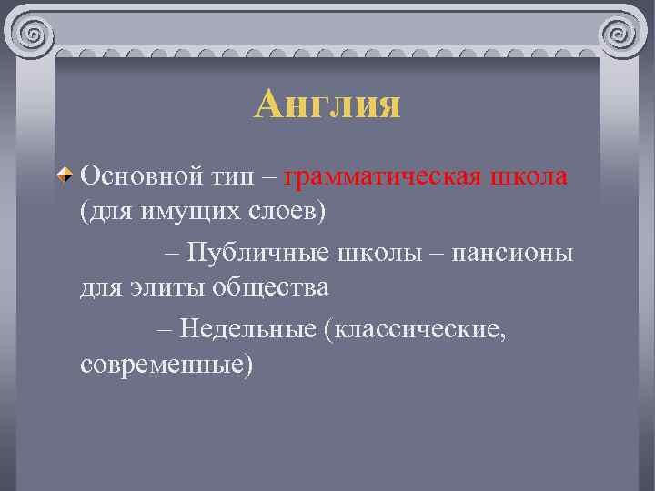 Англия Основной тип – грамматическая школа (для имущих слоев) – Публичные школы – пансионы