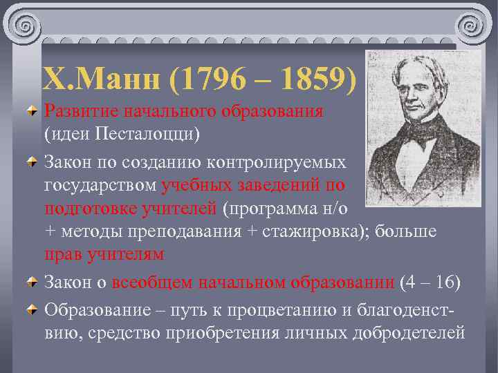 Х. Манн (1796 – 1859) Развитие начального образования (идеи Песталоцци) Закон по созданию контролируемых
