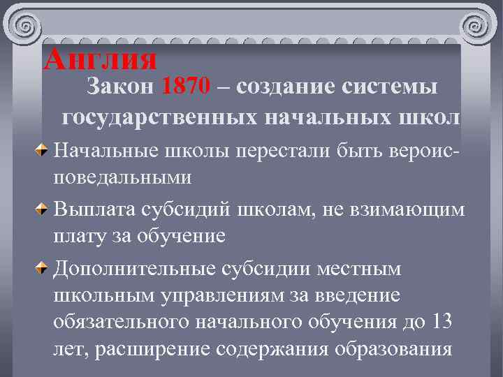 Англия Закон 1870 – создание системы государственных начальных школ Начальные школы перестали быть вероисповедальными