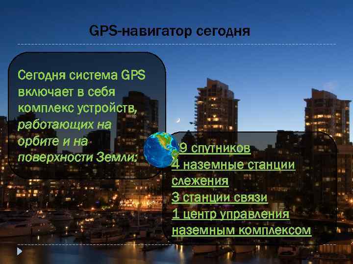 GPS-навигатор сегодня Сегодня система GPS включает в себя комплекс устройств, работающих на орбите и