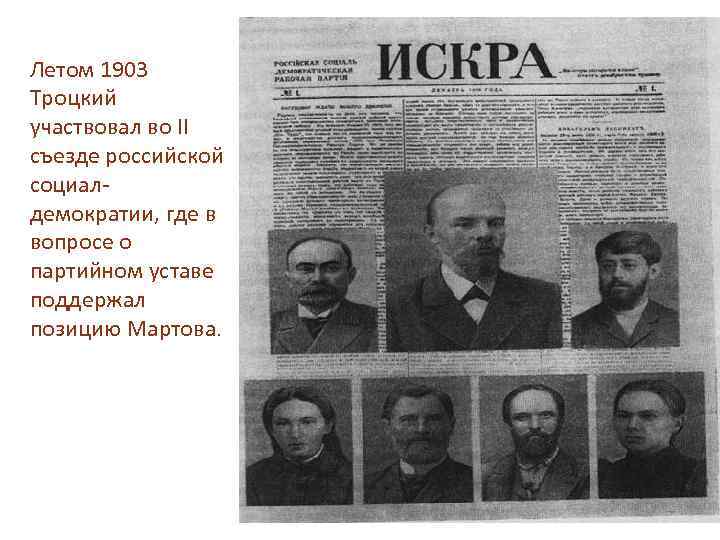 Летом 1903 Троцкий участвовал во II съезде российской социалдемократии, где в вопросе о партийном