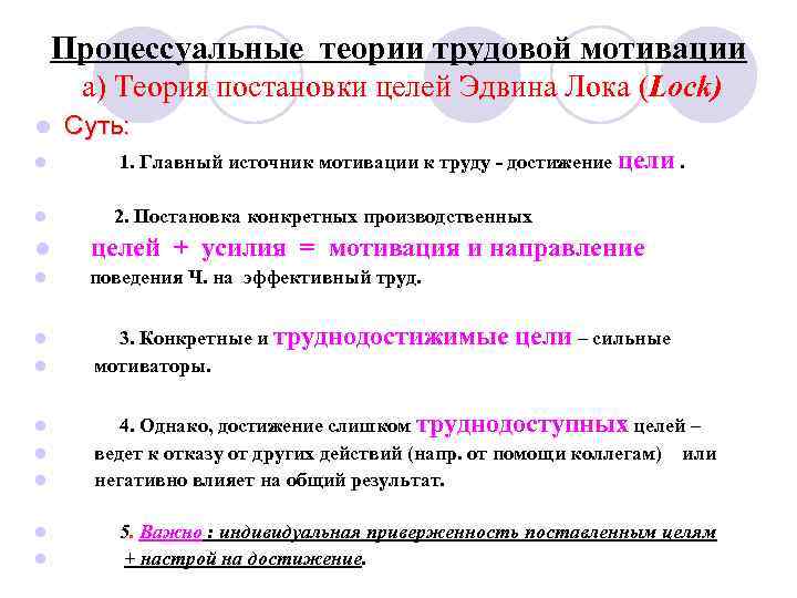 Процессуальные теории трудовой мотивации а) Теория постановки целей Эдвина Лока (Lock) l l l