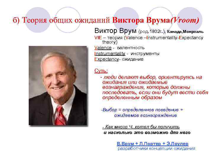 б) Теория общих ожиданий Виктора Врума(Vroom) Виктор Врум (род. 1932 г. ), Канада, Монреаль