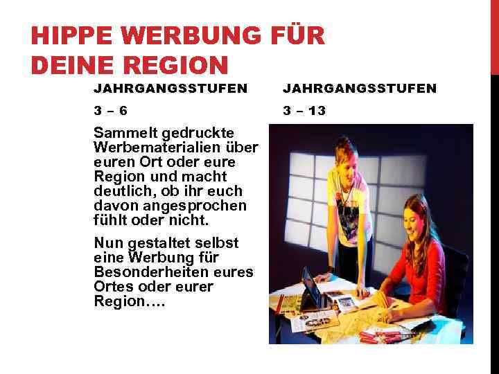 HIPPE WERBUNG FÜR DEINE REGION JAHRGANGSSTUFEN 3 – 6 3 – 13 Sammelt gedruckte