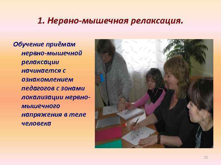 1. Нервно-мышечная релаксация. Обучение приёмам нервно-мышечной релаксации начинается с ознакомлением педагогов с зонами локализации