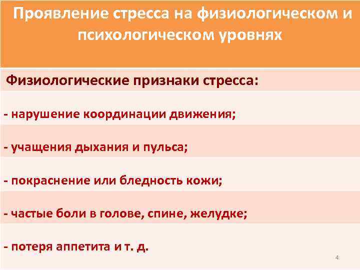 Проявление стресса на физиологическом и психологическом уровнях Физиологические признаки стресса: - нарушение координации движения;