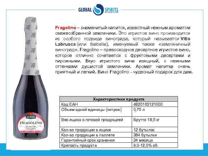 Fragolino – знаменитый напиток, известный нежным ароматом свежесобранной земляники. Это игристое вино производится из