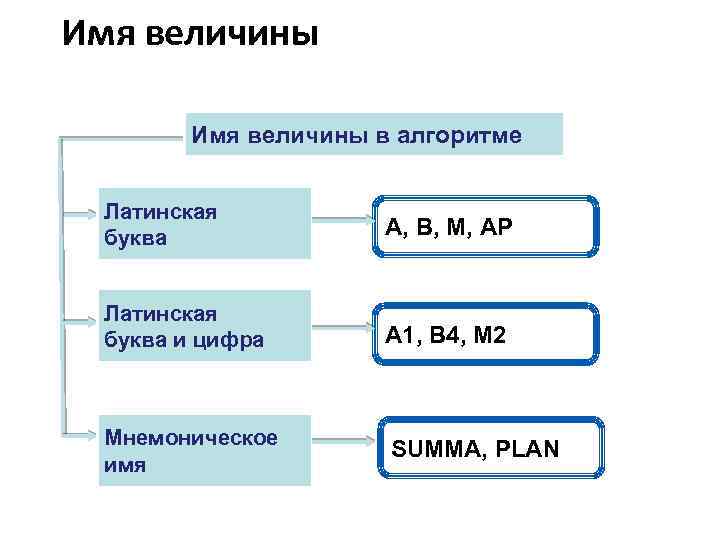 Имя величины в алгоритме Латинская буква A, B, M, AP Латинская буква и цифра