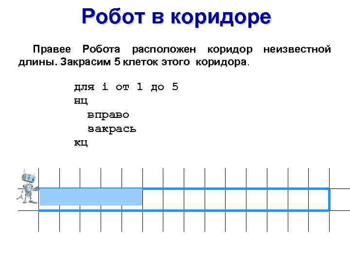 Робот в коридоре Правее Робота расположен коридор длины. Закрасим 5 клеток этого коридора. для