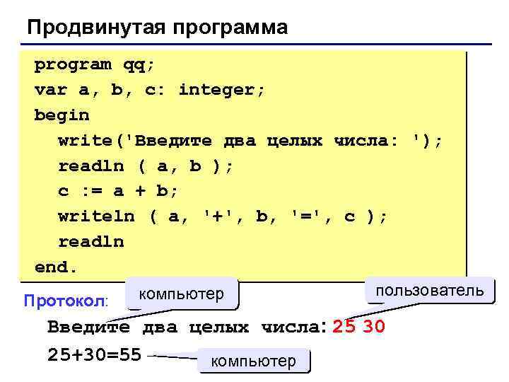 Продвинутая программа program qq; var a, b, c: integer; begin write('Введите два целых числа: