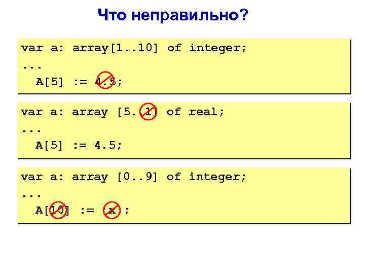 Что неправильно? var a: array[1. . 10] of integer; . . . A[5] :