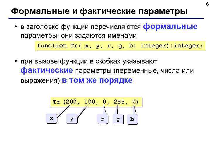 Формальные и фактические параметры • в заголовке функции перечисляются формальные параметры, они задаются именами