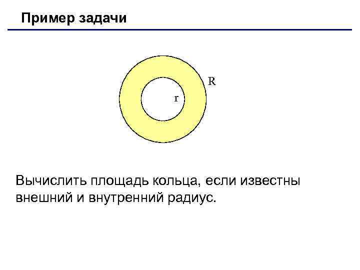 Пример задачи R r Вычислить площадь кольца, если известны внешний и внутренний радиус. 