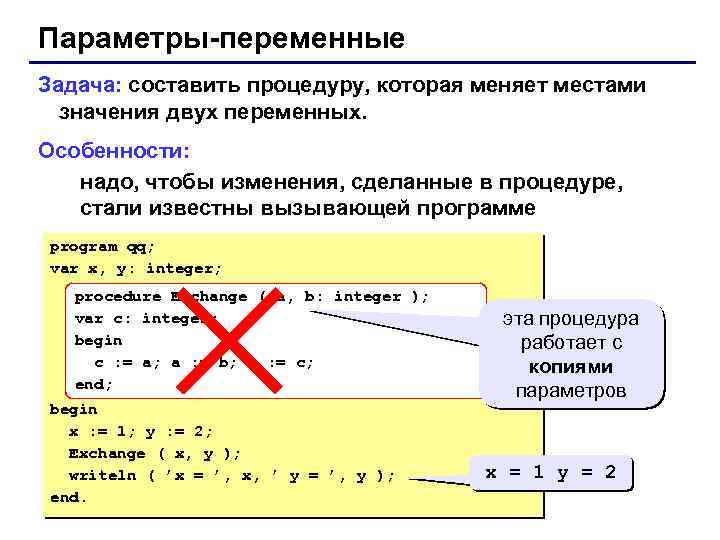 Параметры-переменные Задача: составить процедуру, которая меняет местами значения двух переменных. Особенности: надо, чтобы изменения,