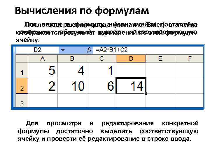 Вычисления по формулам Для ввода в формулу имени ячейки достаточно После завершения ввода (нажатие