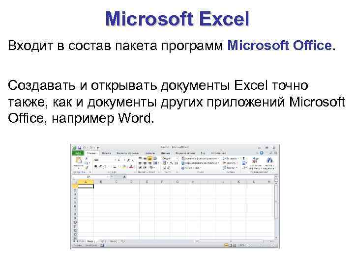 Microsoft Excel Входит в состав пакета программ Microsoft Office. Создавать и открывать документы Excel