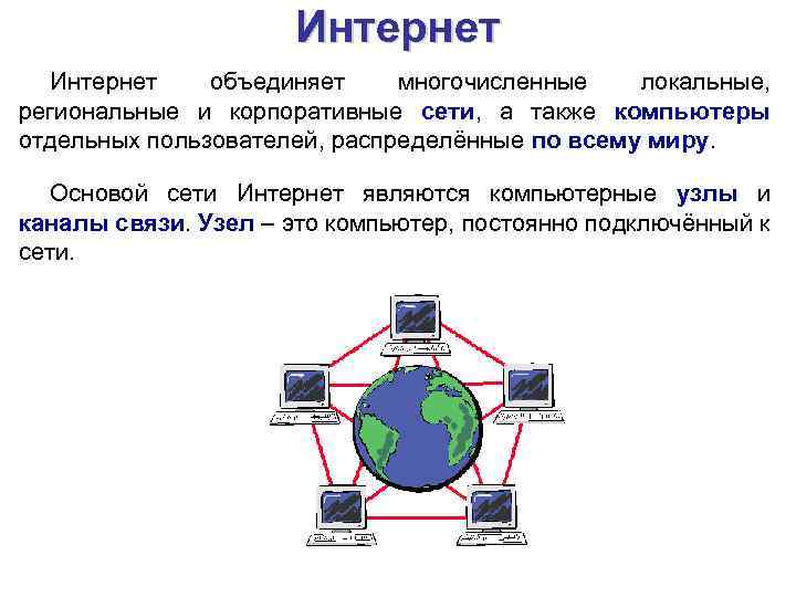 Интернет объединяет многочисленные локальные, региональные и корпоративные сети, а также компьютеры отдельных пользователей, распределённые
