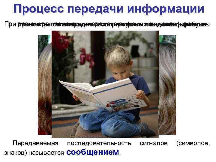 Процесс передачи информации При разговоре происходит передачаграфические символыречи. просмотре телепередачи воспринимается видеоинформация. чтении текста