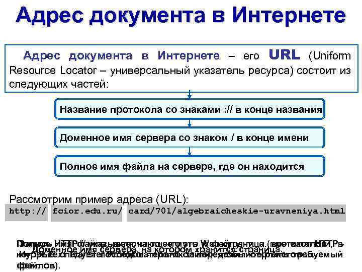 Адрес документа в Интернете – его URL (Uniform Resource Locator – универсальный указатель ресурса)