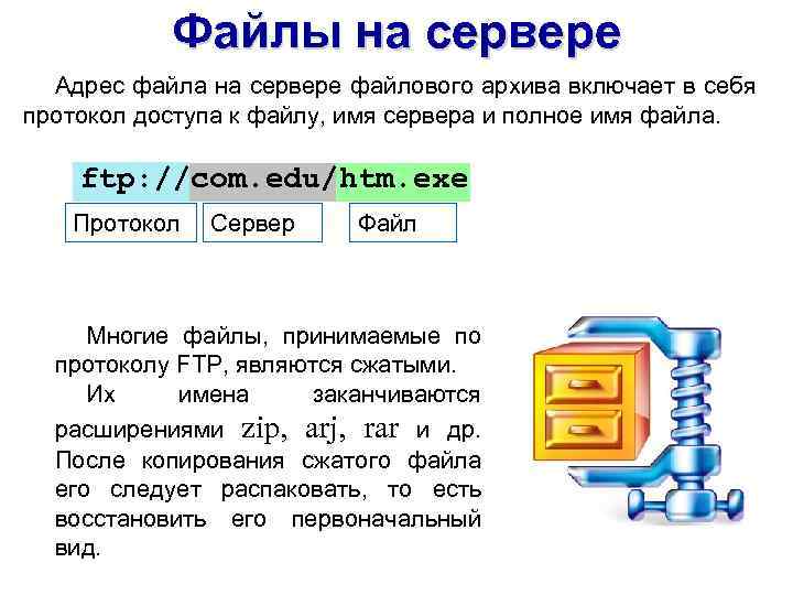 Файлы на сервере Адрес файла на сервере файлового архива включает в себя протокол доступа
